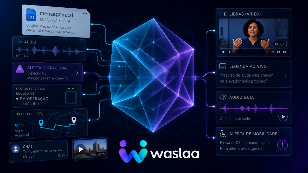 Ilustração da Camada Waslaa: informação de diferentes canais converge para um prisma translúcido e sai como Libras, legendas, conteúdo visual, áudio e alertas acessíveis.