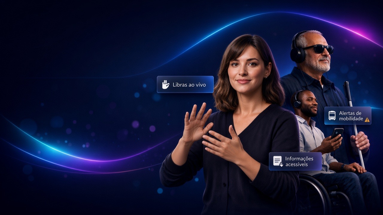 Pessoas diversas em composição premium azul-marinho com ondas luminosas ciano e violeta: interpretação em Libras e informação acessível em tempo real.