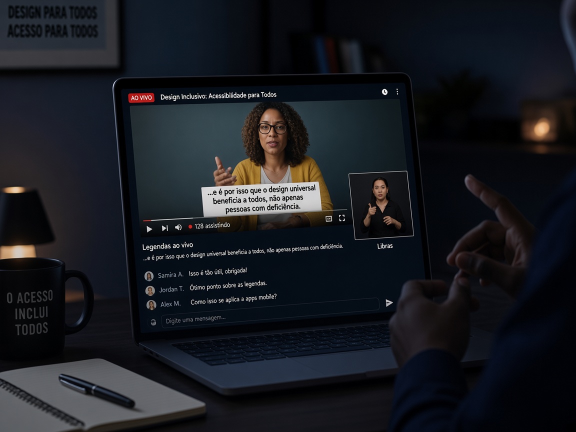 Ambiente de estudo com transmissão ao vivo: legendas, janela de Libras e chat acessível na tela do notebook.